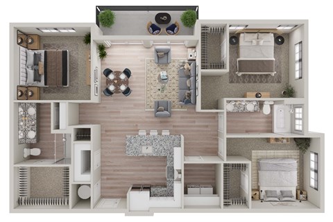 a 3d rendering of a floor plan with a bedroom and a living room at Livano Avondale, Arizona